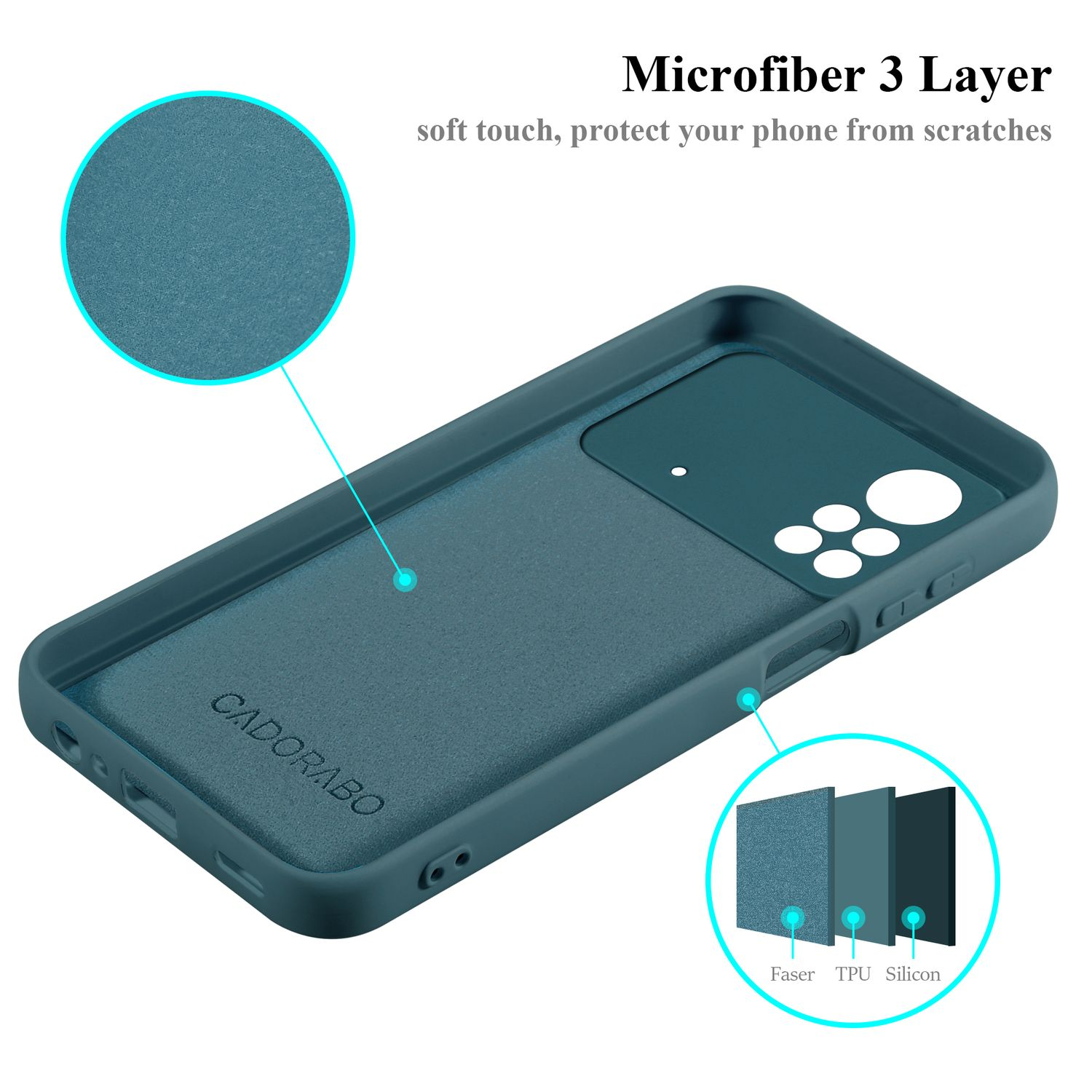 Custodia per telefono turchese con primo piano della texture. Testo: 'CADORABO'.