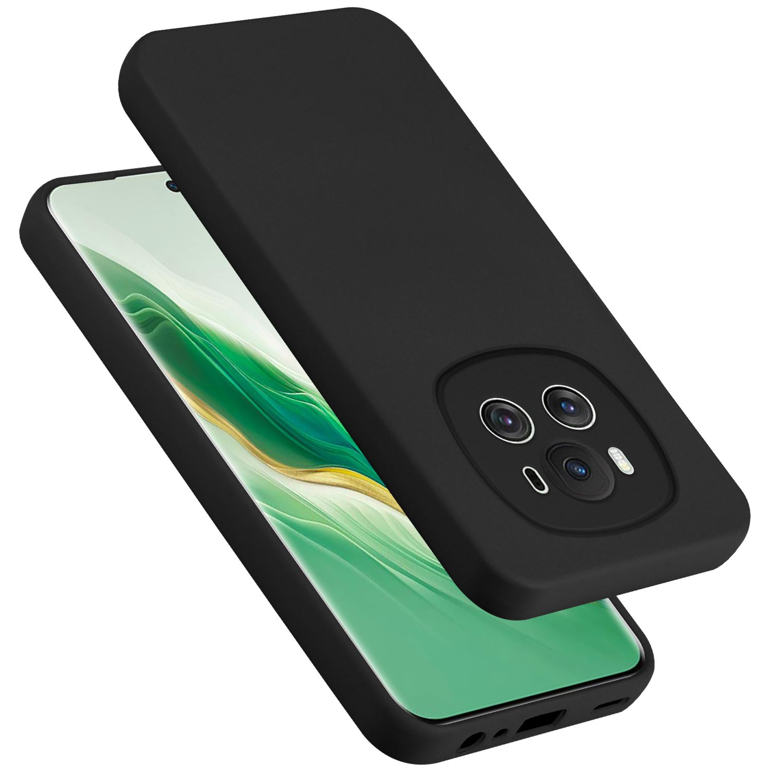 Telefono nero e custodia nera, angolato, con lenti della fotocamera visibili.