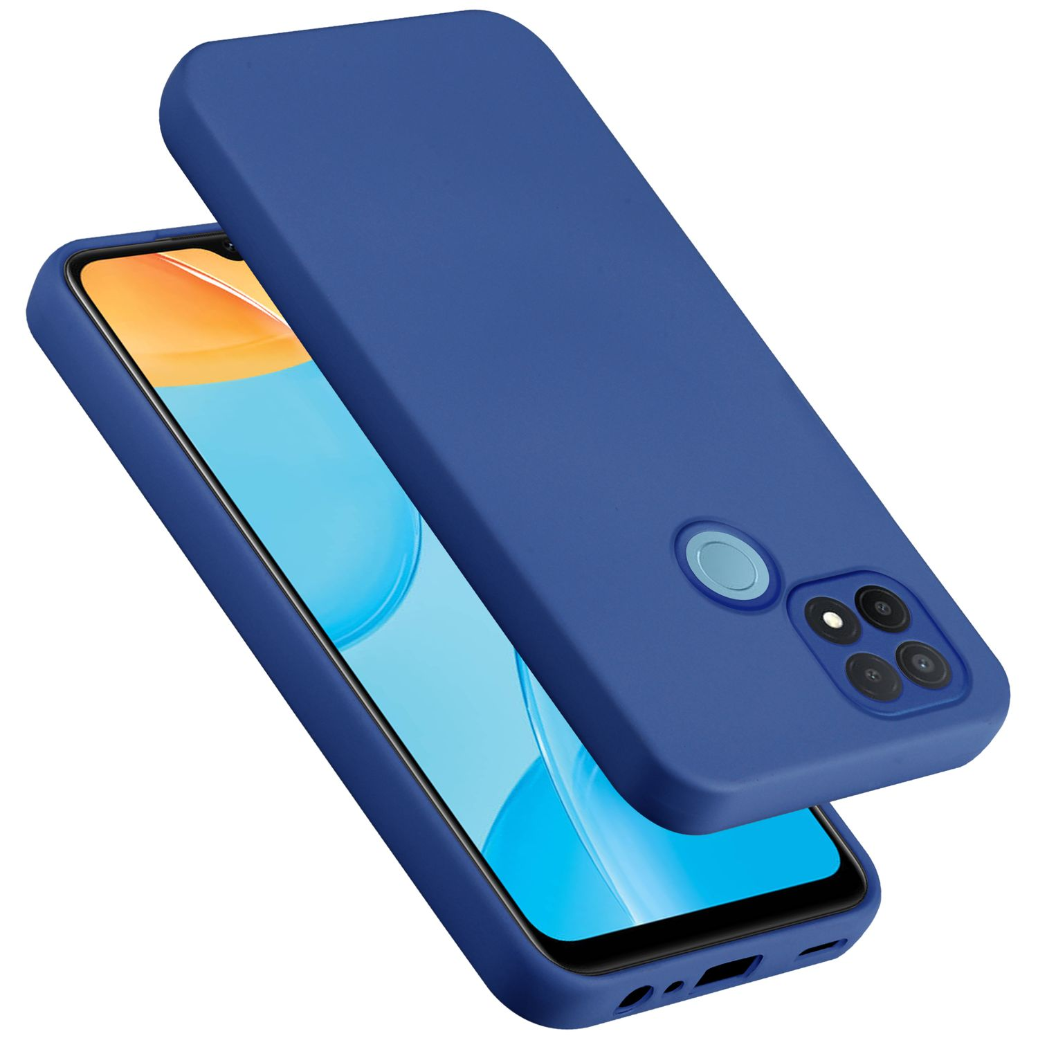 Custodia blu con telefono dentro. La custodia copre il telefono, con fori per fotocamera e sensore impronte.