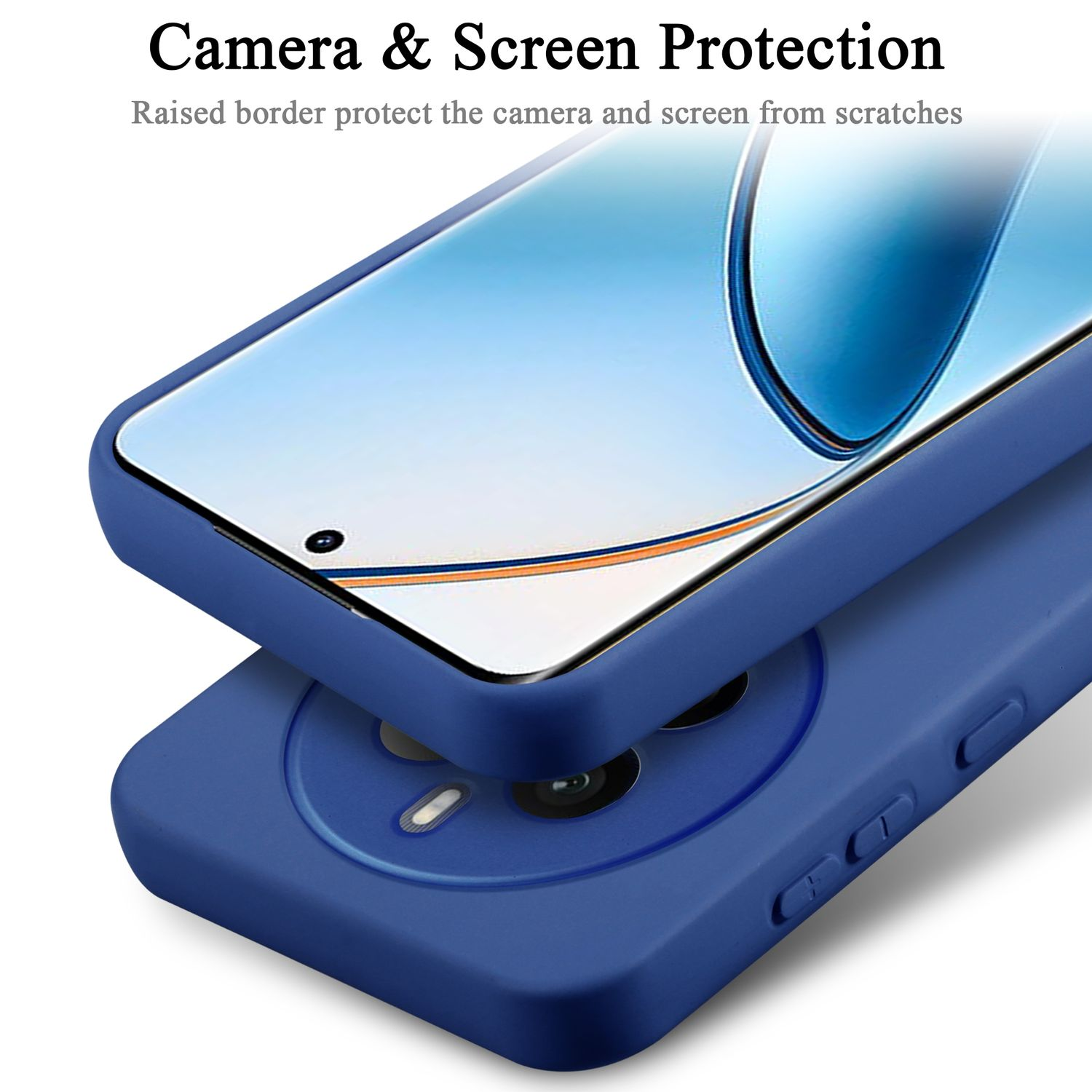 Primo piano di una custodia blu per telefono che protegge lo schermo. Testo: Protezione fotocamera e schermo.