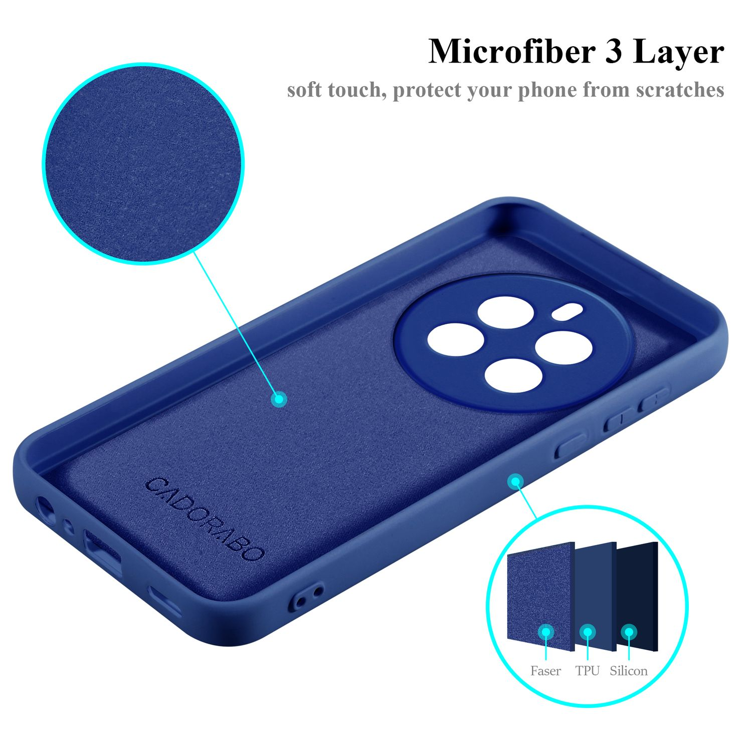 Una custodia blu per telefono con uno strato in microfibra è mostrata, mostrando il suo design e i suoi strati.