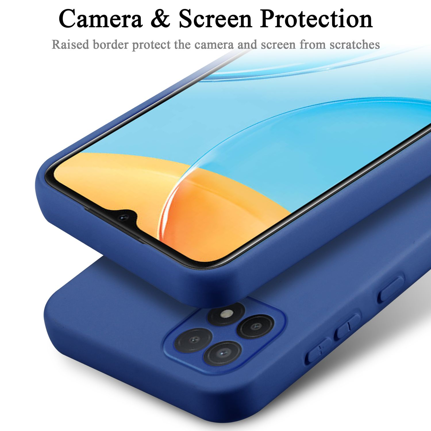 Custodia blu per telefono sopra un'altra, il testo indica la protezione della fotocamera e dello schermo.