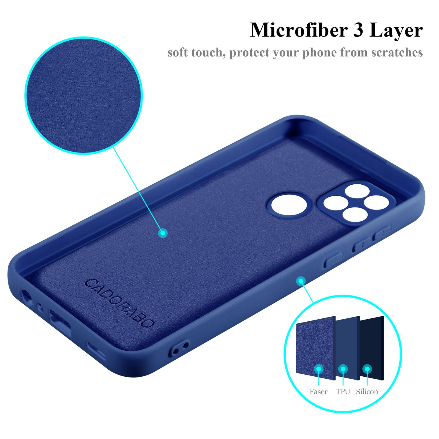 Interno di custodia blu per telefono con trame a strati e logo, contorno del telefono su sfondo bianco.