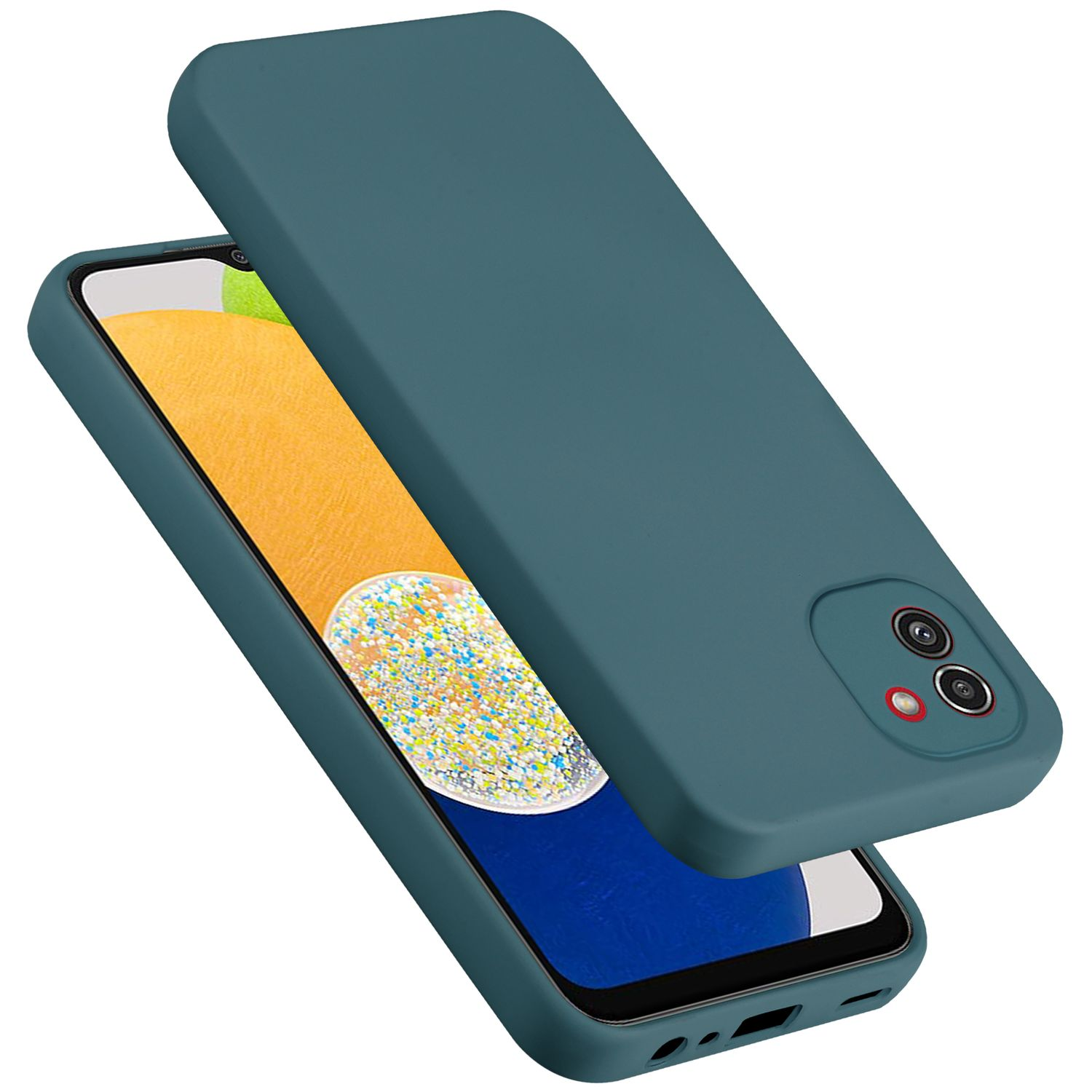 Telefono verde acqua con una custodia sopra. La custodia è una tonalità più scura di verde acqua.