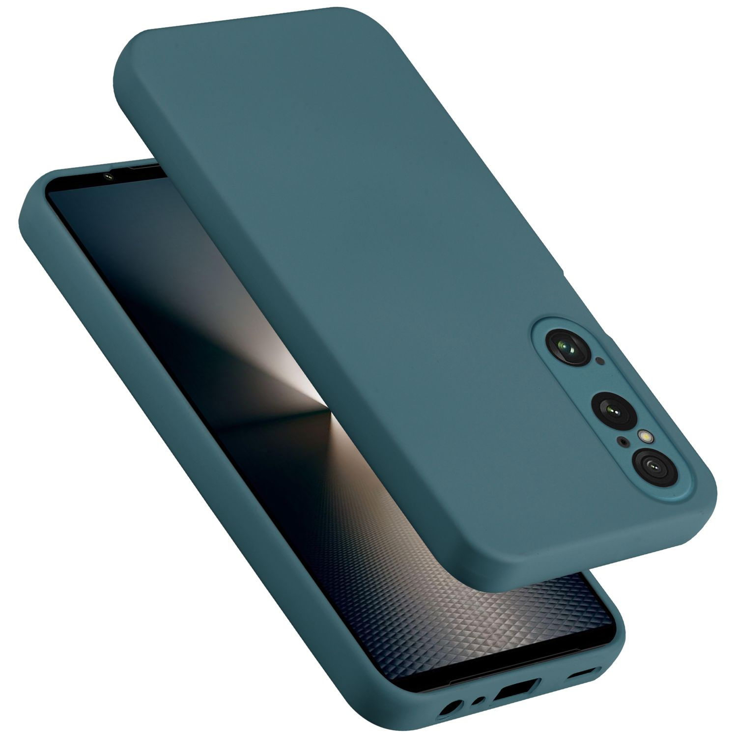 Custodia teal per telefono con un telefono all'interno. Il telefono mostra un motivo scuro.