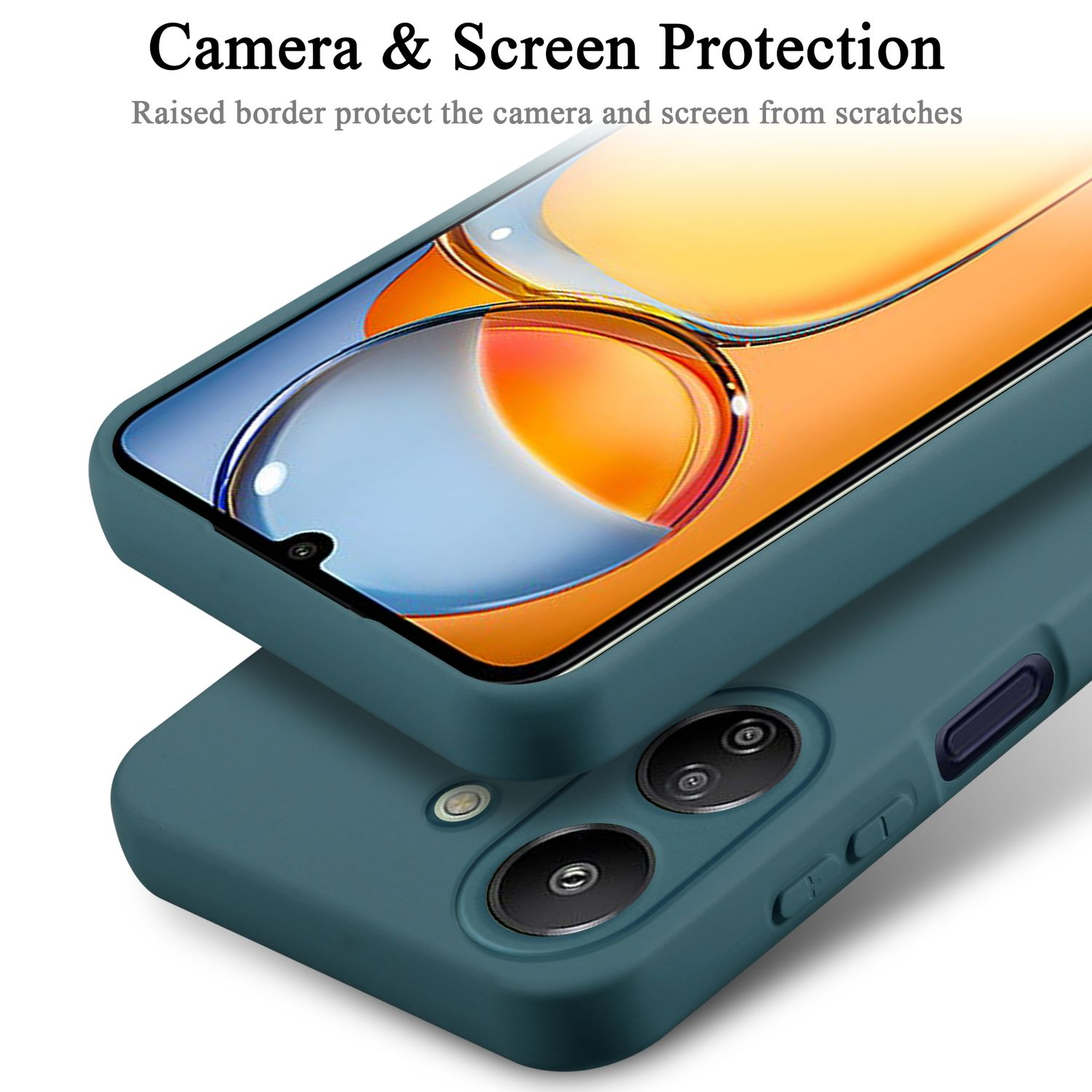 Due custodie per telefono verde acqua impilate, che mostrano la protezione della fotocamera e dello schermo.