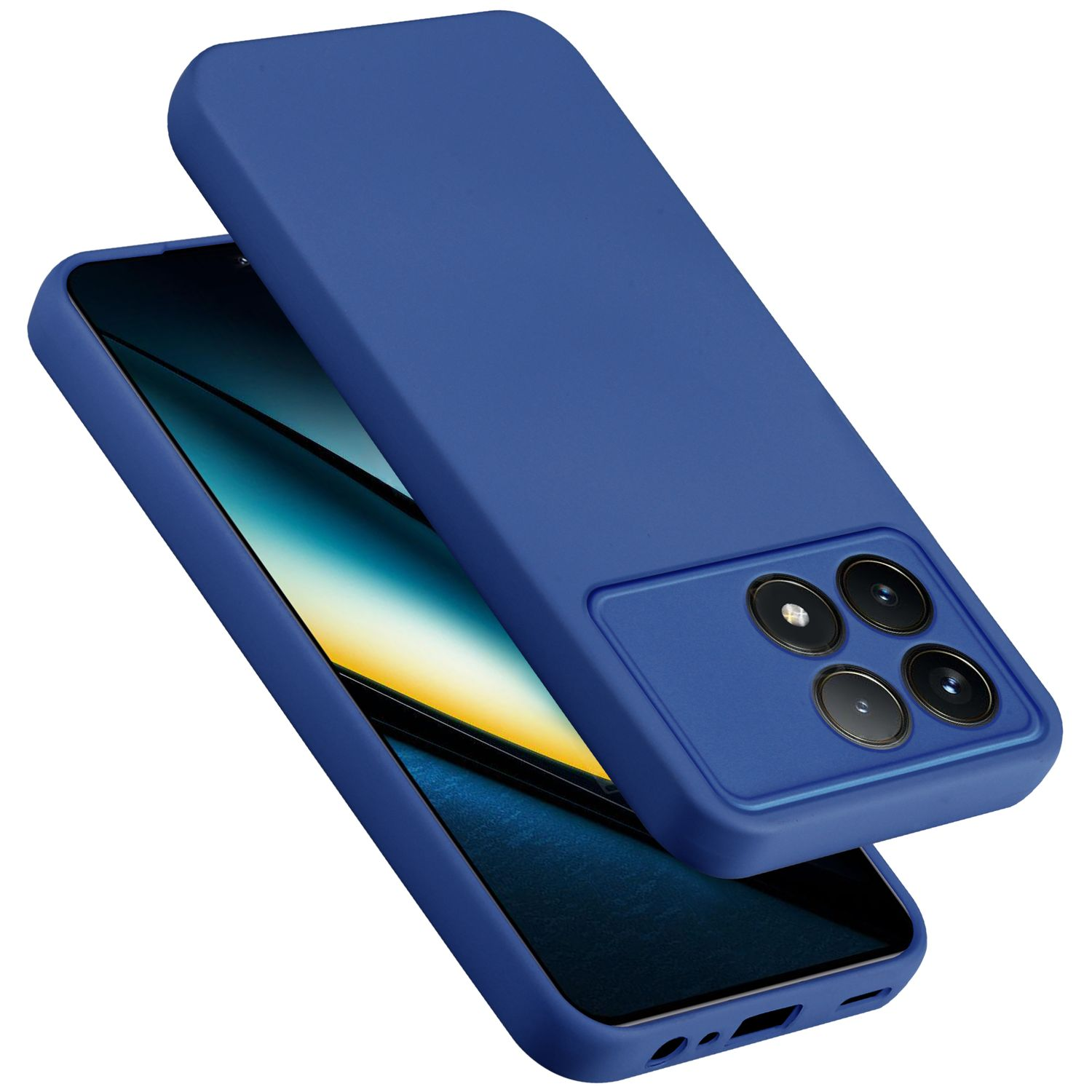 Blaue Handyhülle auf einem Telefon. Die Hülle liegt über dem Telefon und zeigt die Kameraausschnitte.