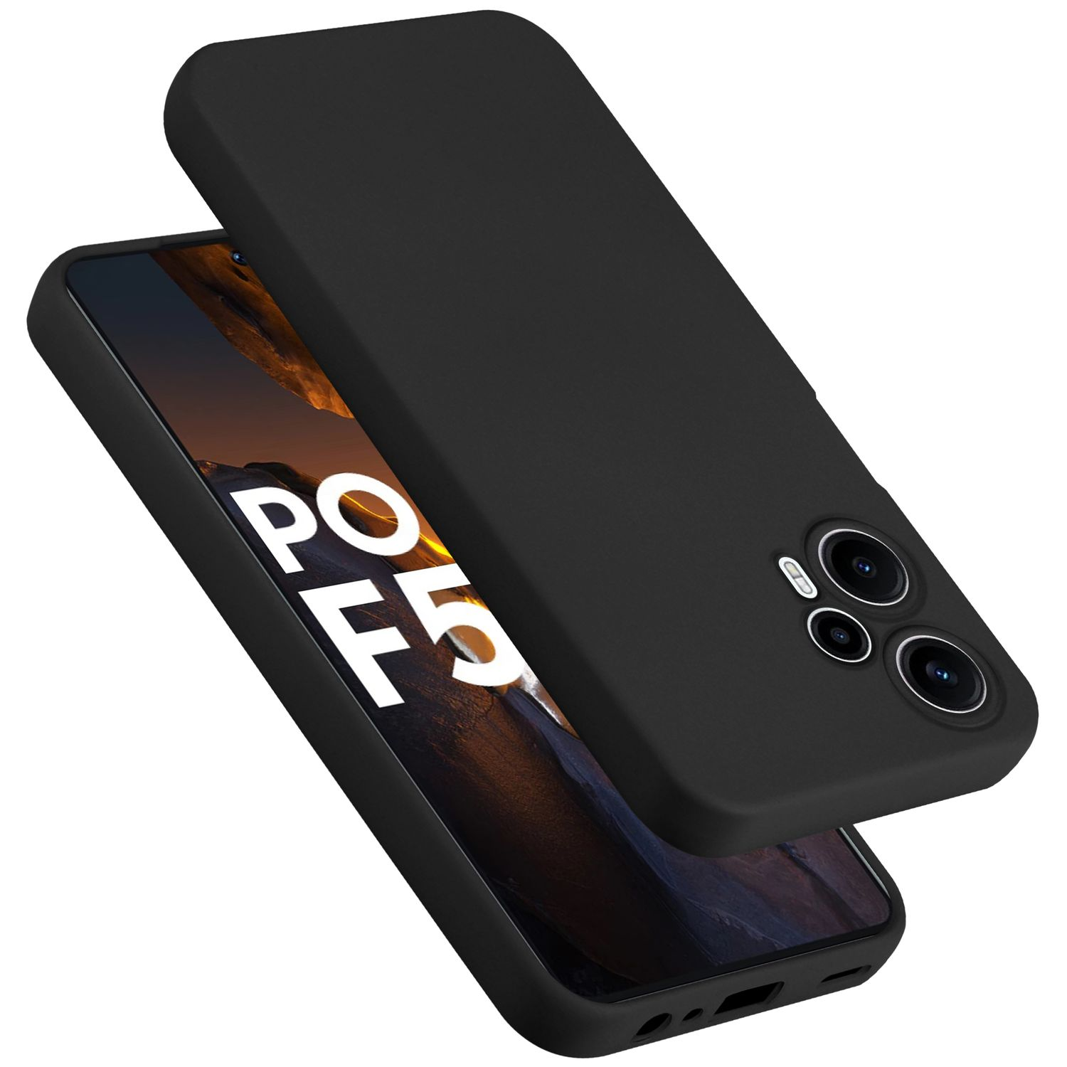 Custodia per telefono nera, vista dall'alto e dal basso. Telefono con schermo parzialmente visibile. La custodia copre il telefono.
