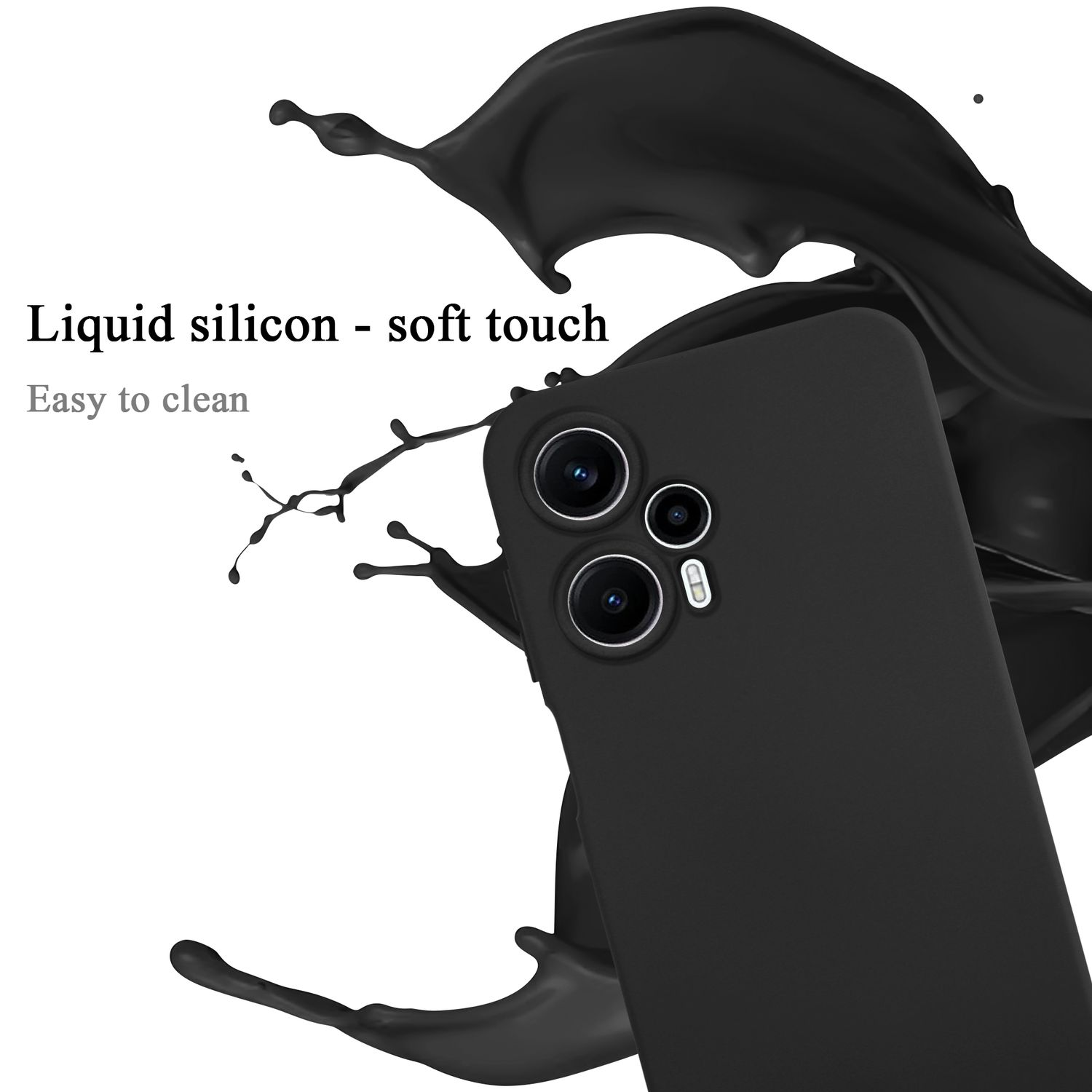 Custodia per telefono nera con tocco in silicone liquido. Schizzo di vernice nera sullo sfondo.