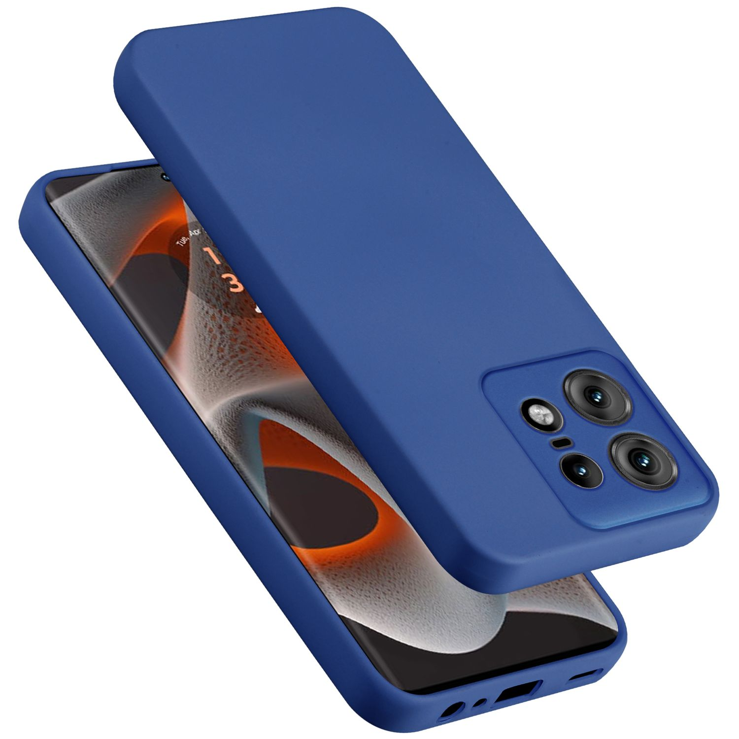 Due custodie per telefono blu scuro. Una copre un telefono. L'altra è sopra.