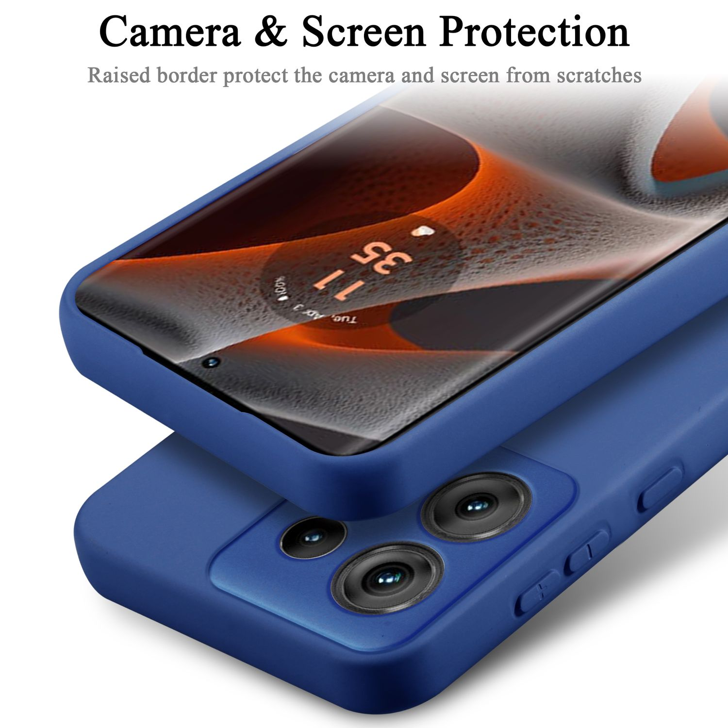 Un telefono in una custodia blu. La custodia protegge lo schermo e la fotocamera con un bordo rialzato.