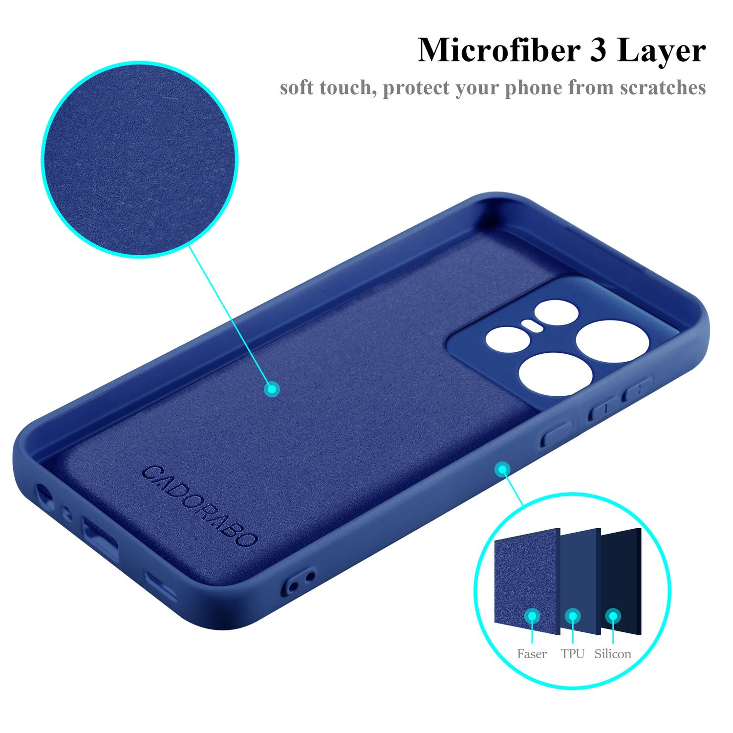 Custodia blu per telefono, vista interna. Materiali a strati e testo mostrati.