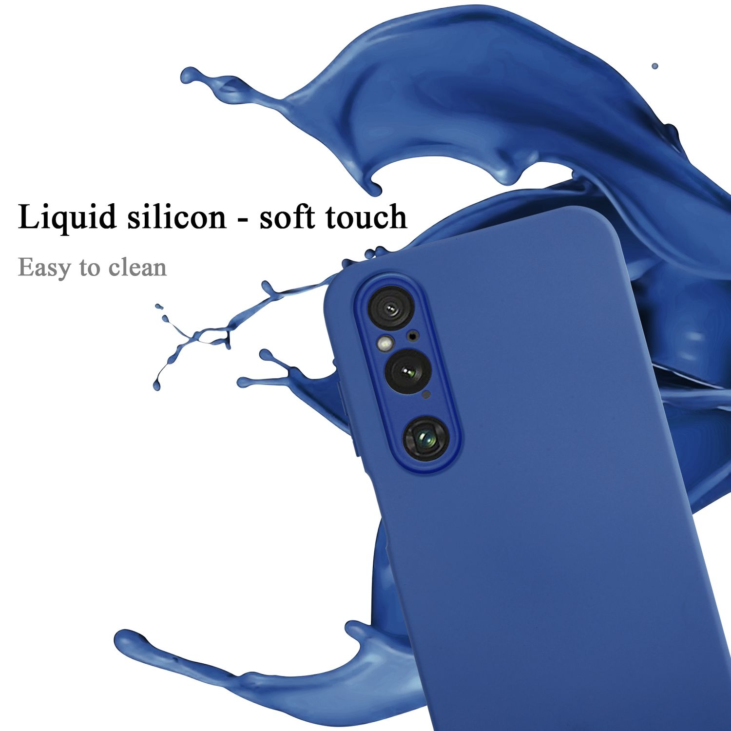 Una custodia per telefono blu con sfondo blu e spruzzi di vernice.