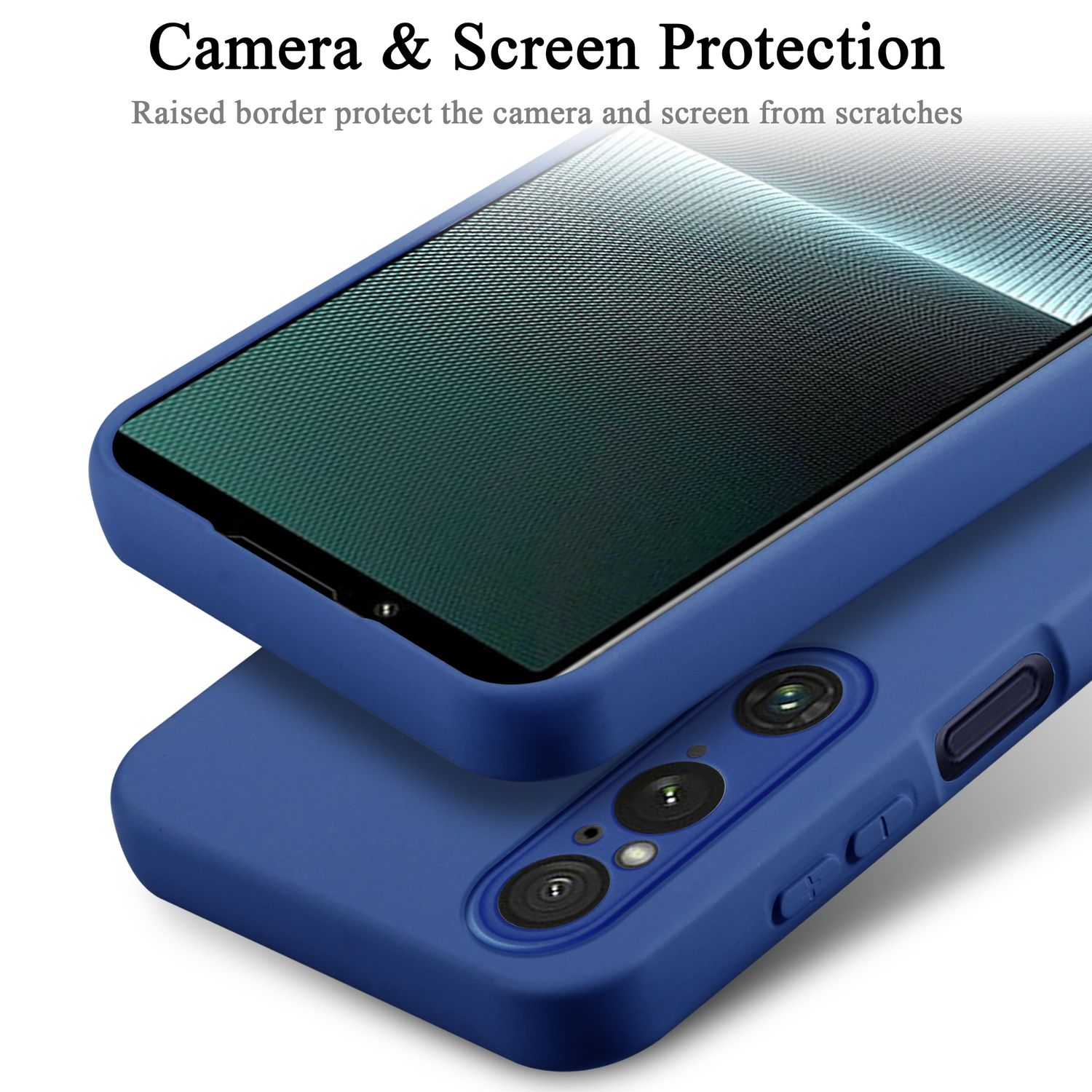 Due custodie blu per telefoni. Quella superiore ha una protezione per lo schermo. La fotocamera è visibile su quella inferiore.
