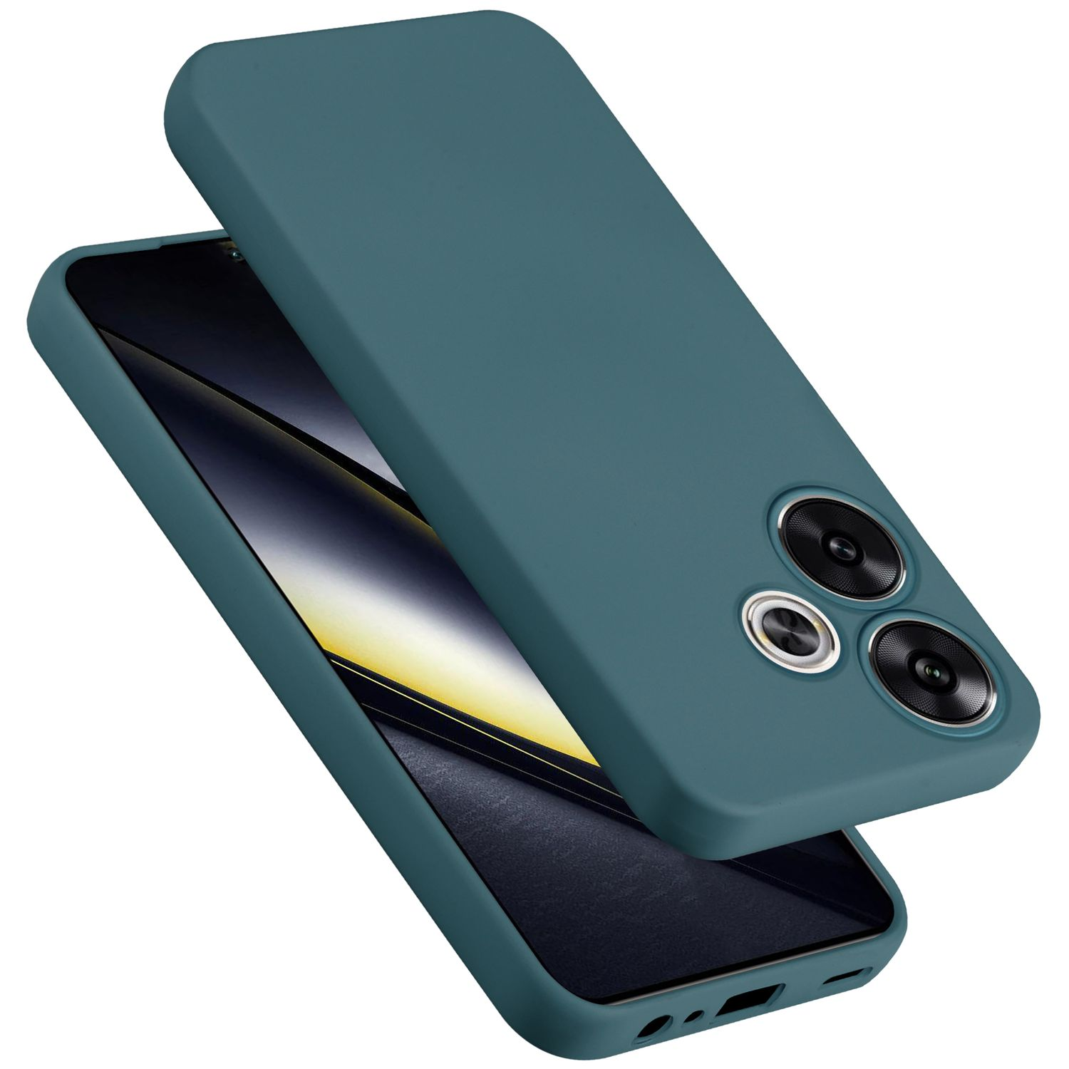 Grüne Handyhülle über einem Telefon. Das Telefon hat einen schwarzen Bildschirm. Zwei Kameralinsen sind sichtbar.