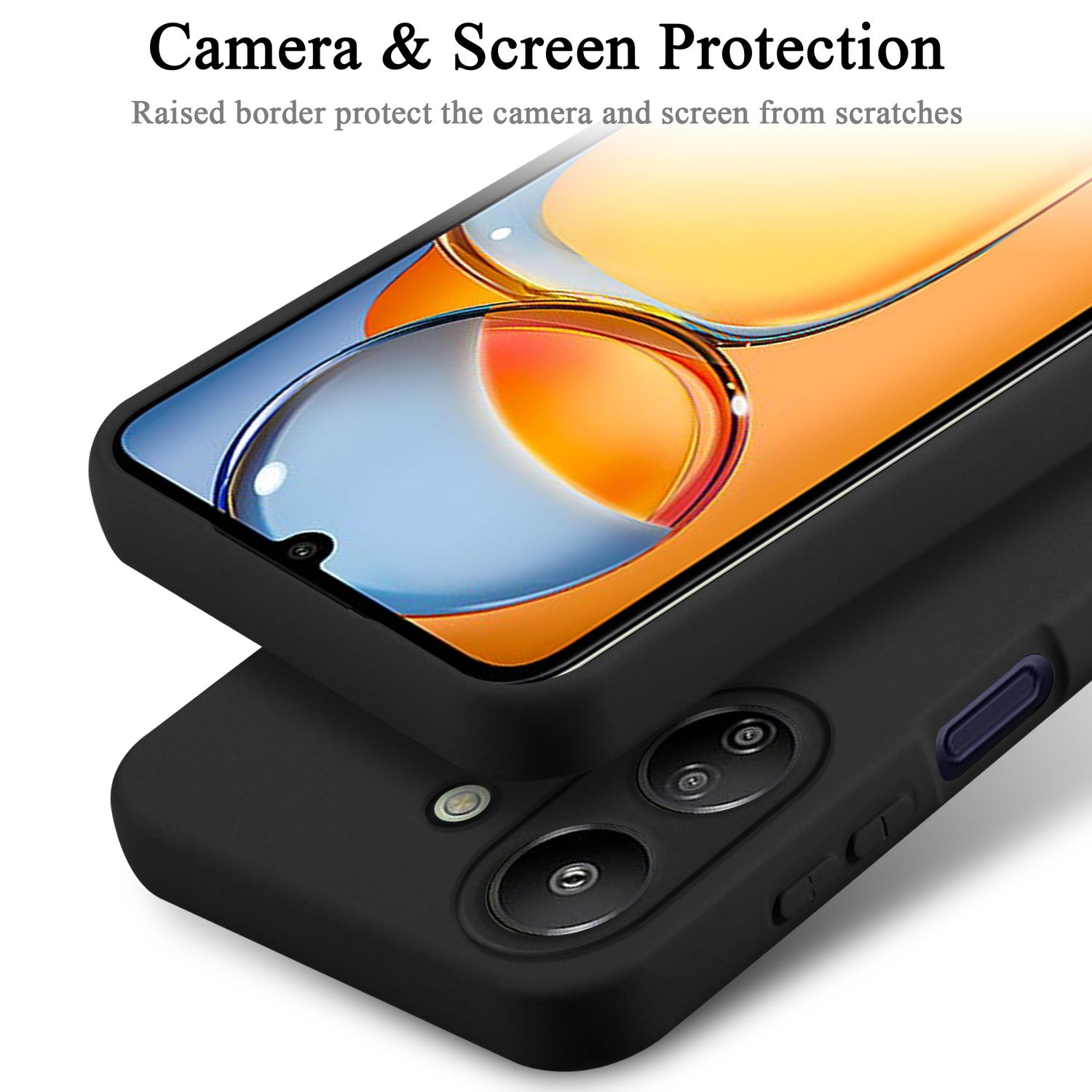 Custodia nera per telefono che protegge lo schermo, con testo sulla protezione della fotocamera e dello schermo.