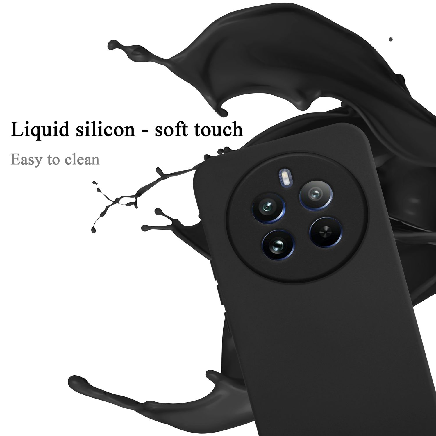Una custodia nera per telefono con un design a spruzzo di liquido.
