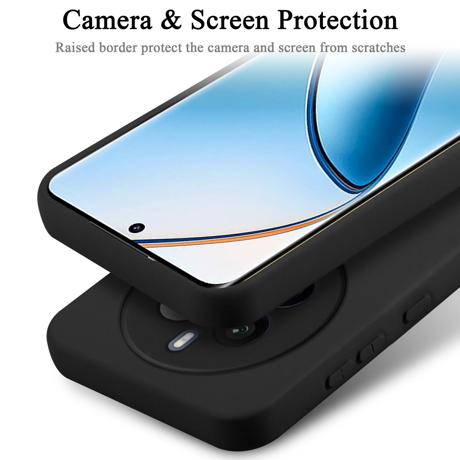 Due custodie per telefono, nere e blu, proteggono lo schermo e la fotocamera.