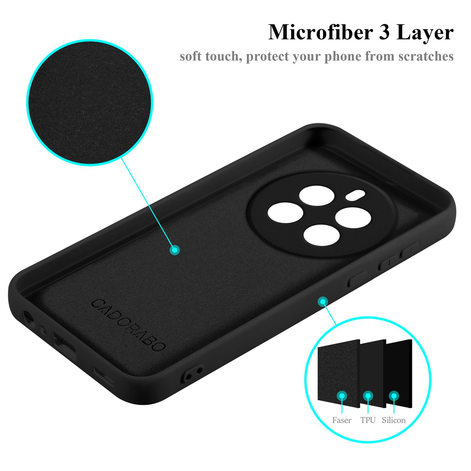 L'interno di una custodia nera per telefono mostra tre strati: Faser, TPU e Silicone, con un ritaglio per la fotocamera.