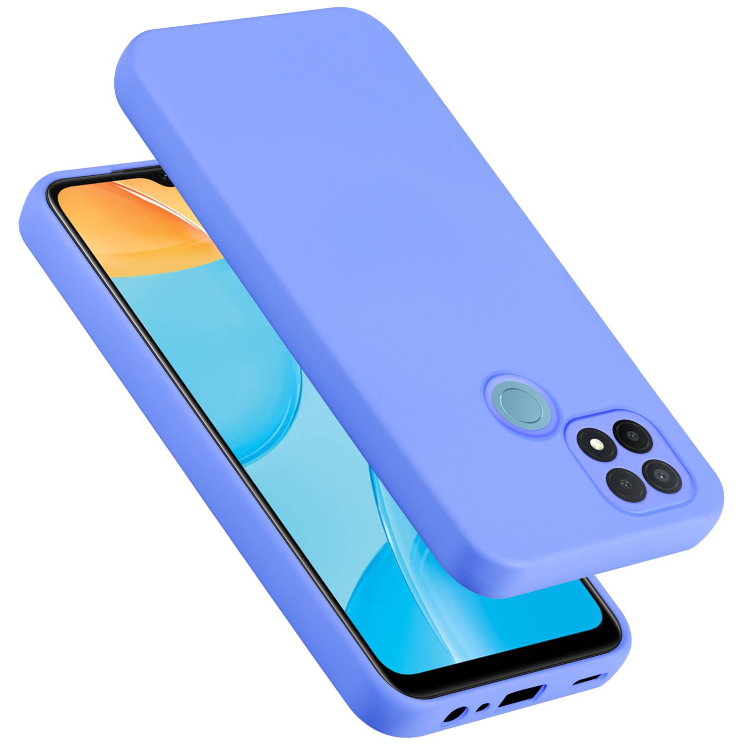 Custodia per telefono viola su un telefono con tripla fotocamera. Il telefono è angolato.