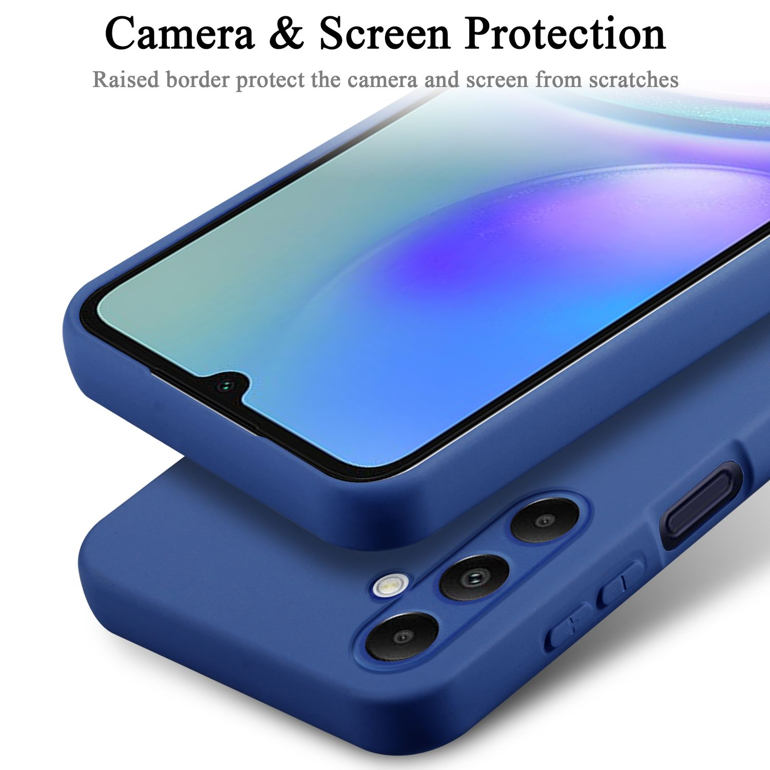 Custodie blu per telefono impilate, che evidenziano le funzioni di protezione della fotocamera e dello schermo, con bordo rialzato.