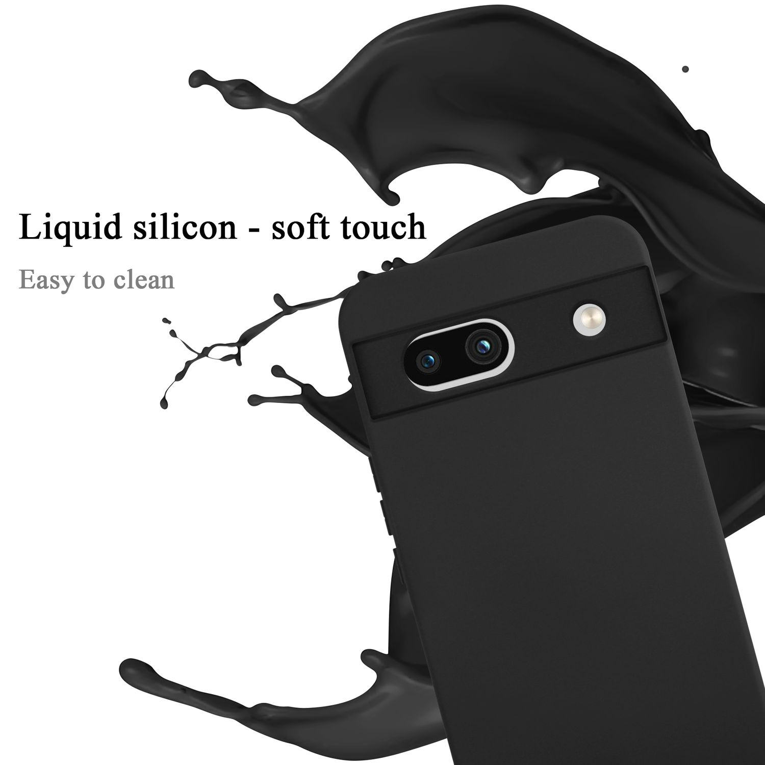 Una custodia nera per telefono con un telefono all'interno. Liquido nero che schizza intorno al telefono. Tocco morbido.