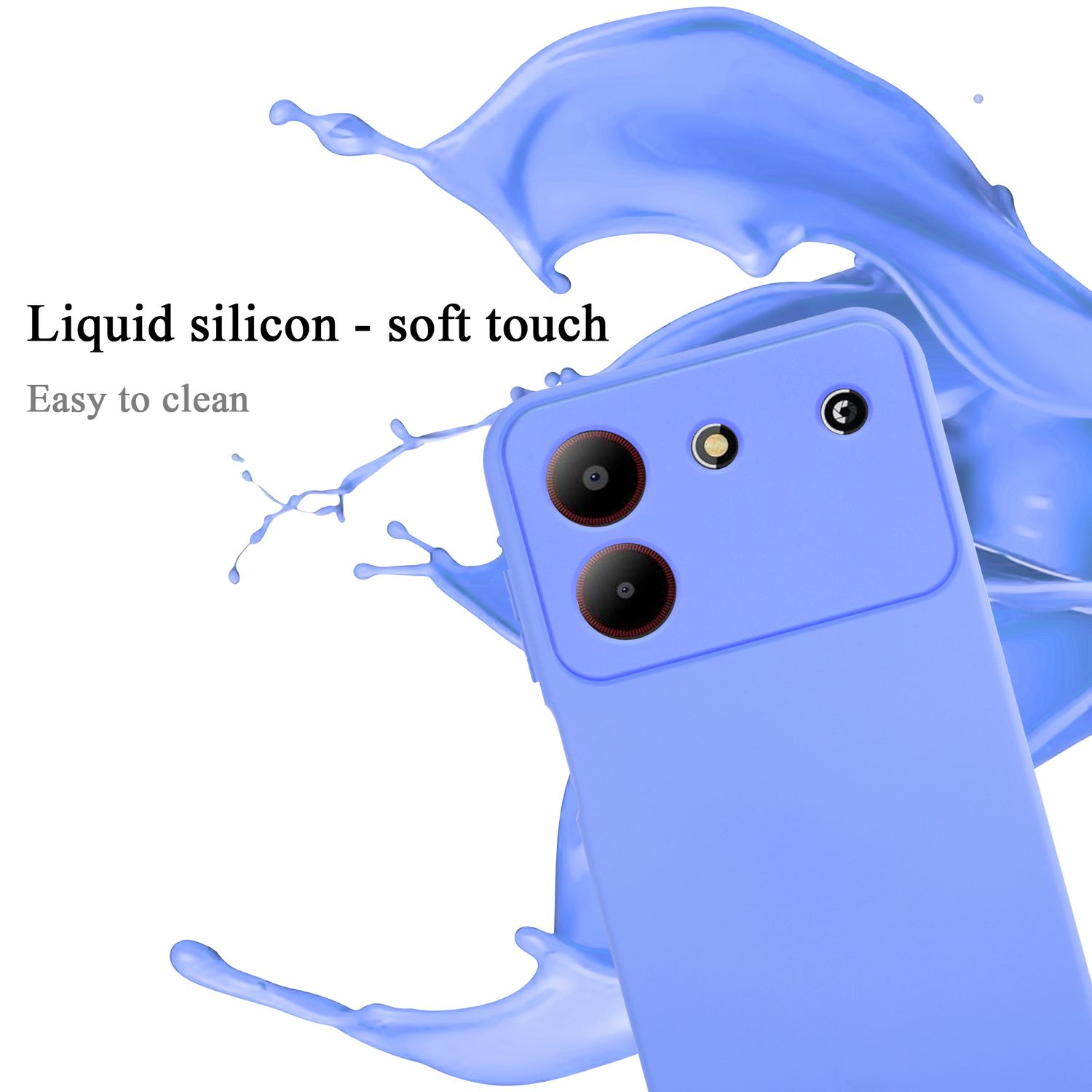 Una custodia per telefono azzurra. Sono visibili due obiettivi. Spruzzi di liquido sullo sfondo.