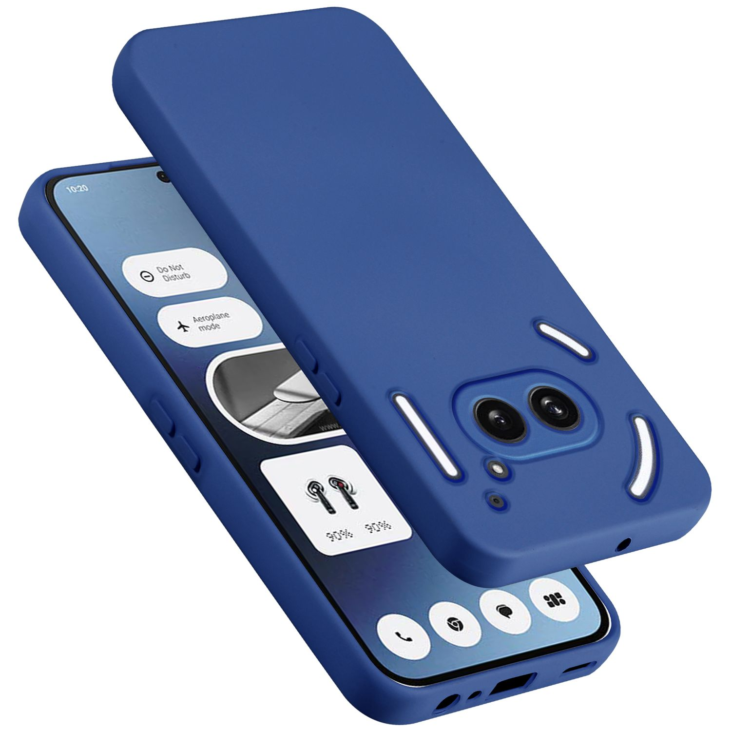 Blaues Telefon mit Hülle auf weißem Hintergrund. Der Bildschirm zeigt App-Symbole.