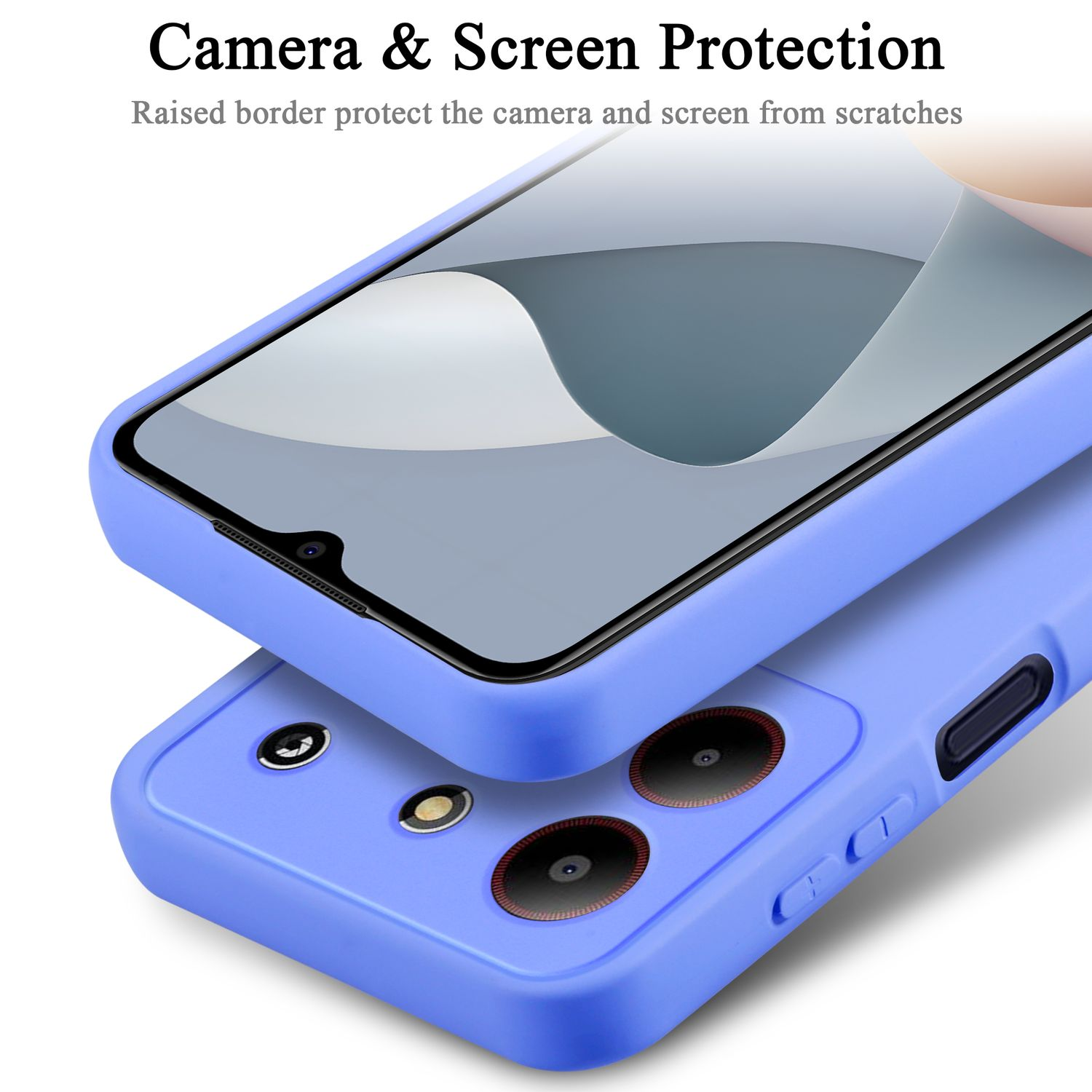 Una custodia per telefono con un telefono all'interno. Il testo dice protezione della fotocamera e dello schermo.
