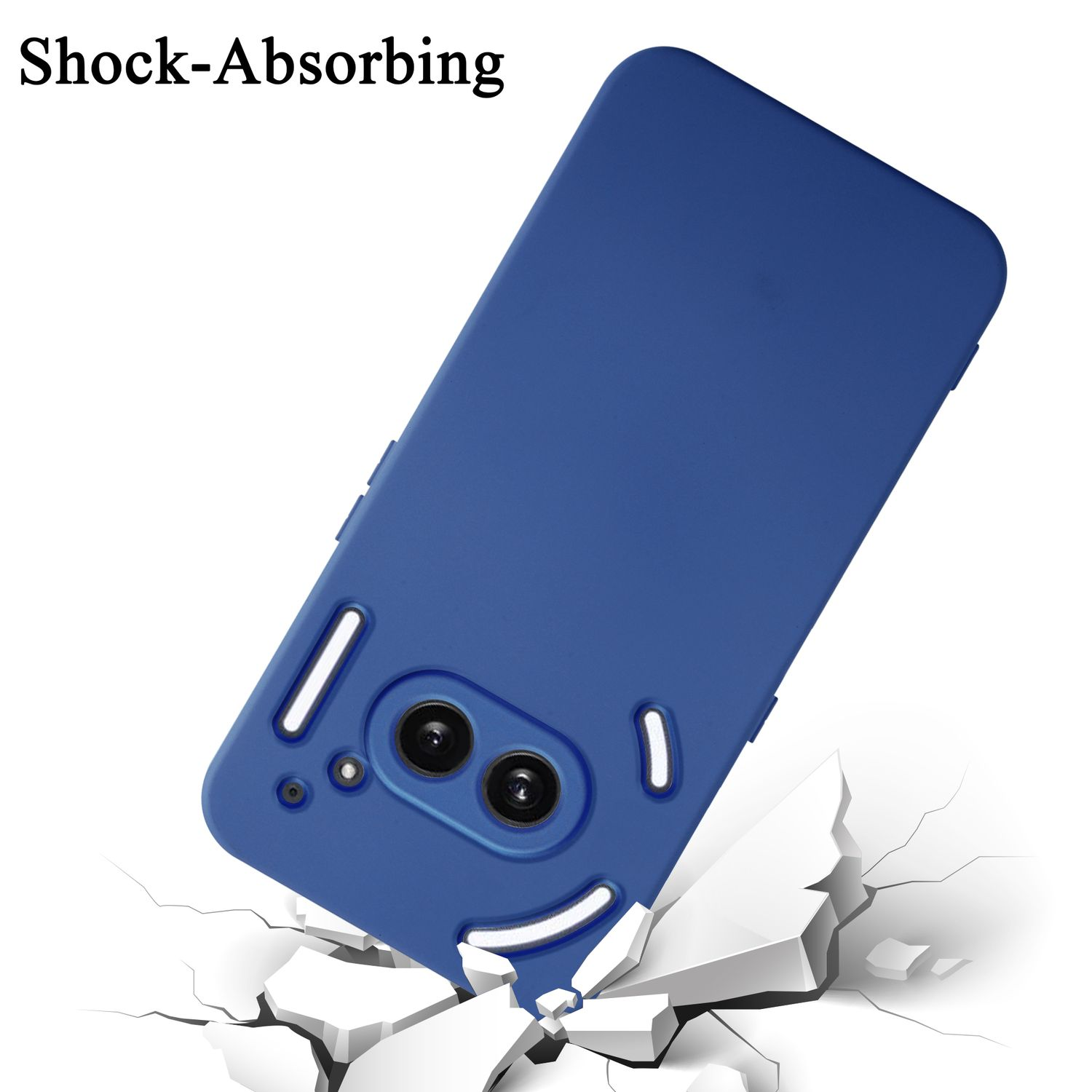 Blaue Handyhülle mit Telefon und Rissen darunter. Weißer Hintergrund. Text: 'Stoßdämpfend'.