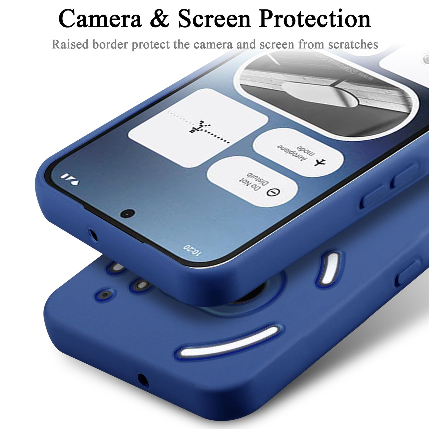Eine blaue Handyhülle auf einem Handy. Die Hülle hat Kamera- und Bildschirmschutzfunktionen.