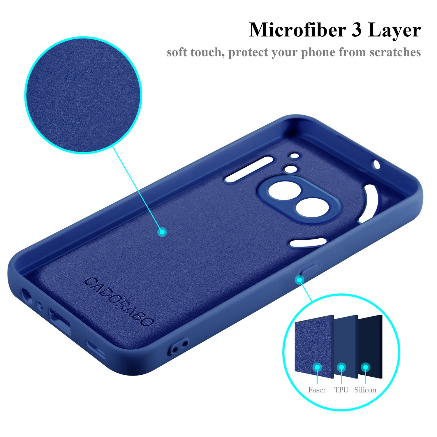 Eine blaue Handyhülle mit detaillierter Innenschicht, zeigt die Marke Cadorabo.