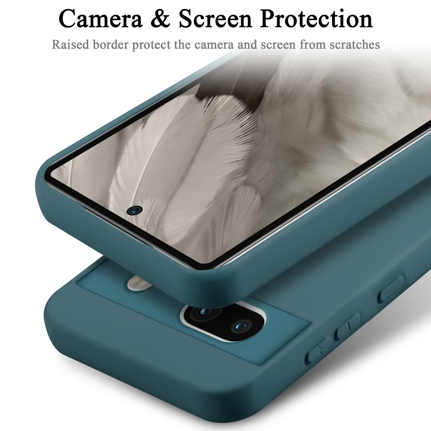 Custodia blu per telefono. La parte superiore della custodia è sopra. Lo schermo è visibile.