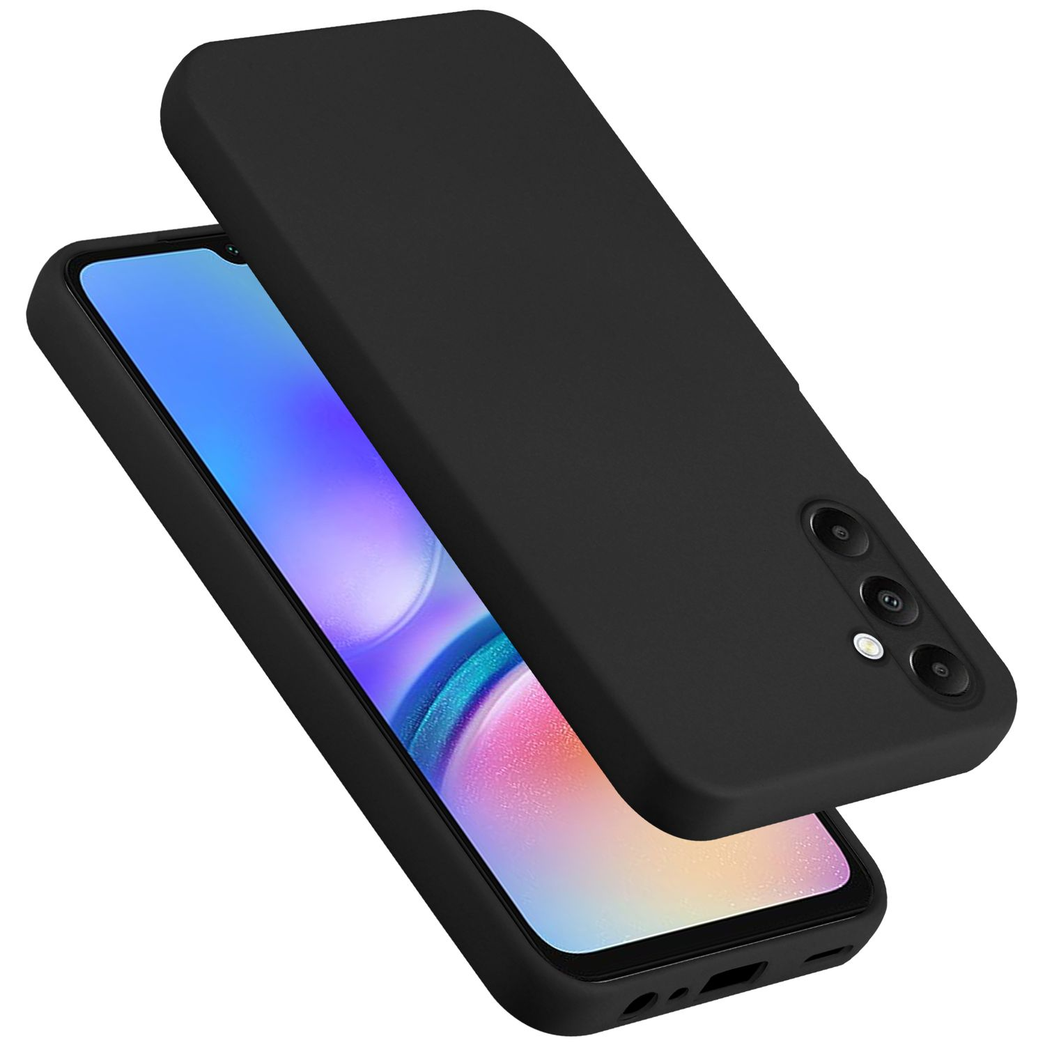 Telefono nero con custodia, che copre parzialmente lo schermo.