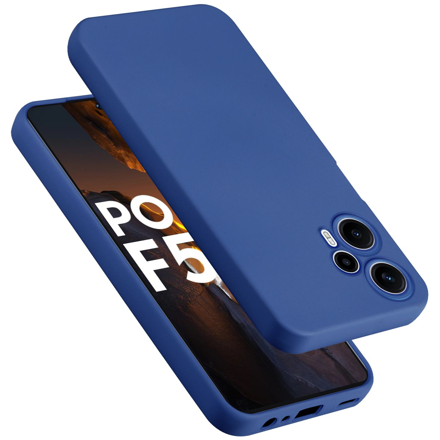 Custodia blu per telefono su sfondo bianco. Un telefono è nella custodia, dettagli della fotocamera visibili.