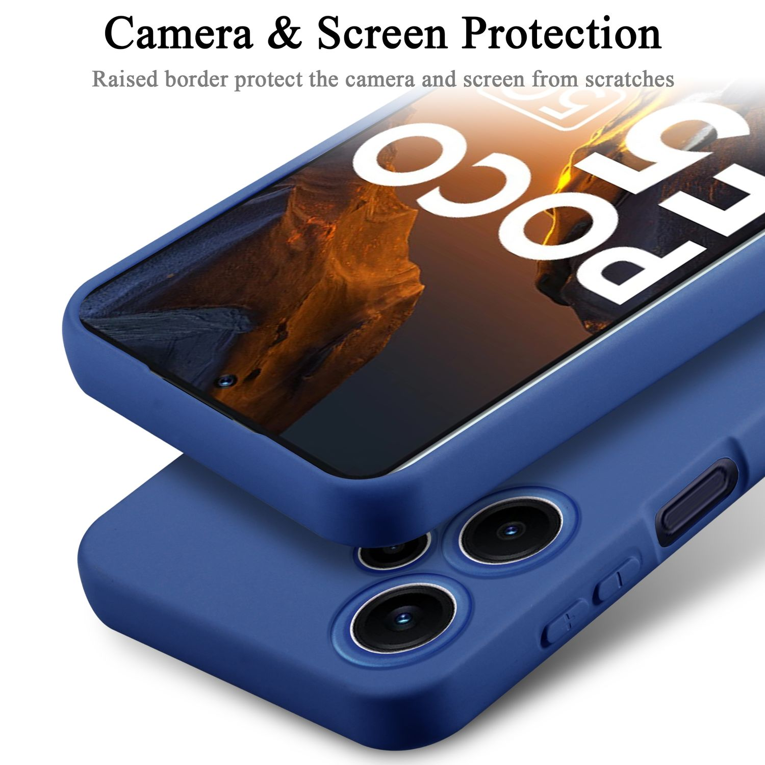 Due custodie blu, una sopra l'altra. Testo: Protezione fotocamera e schermo.