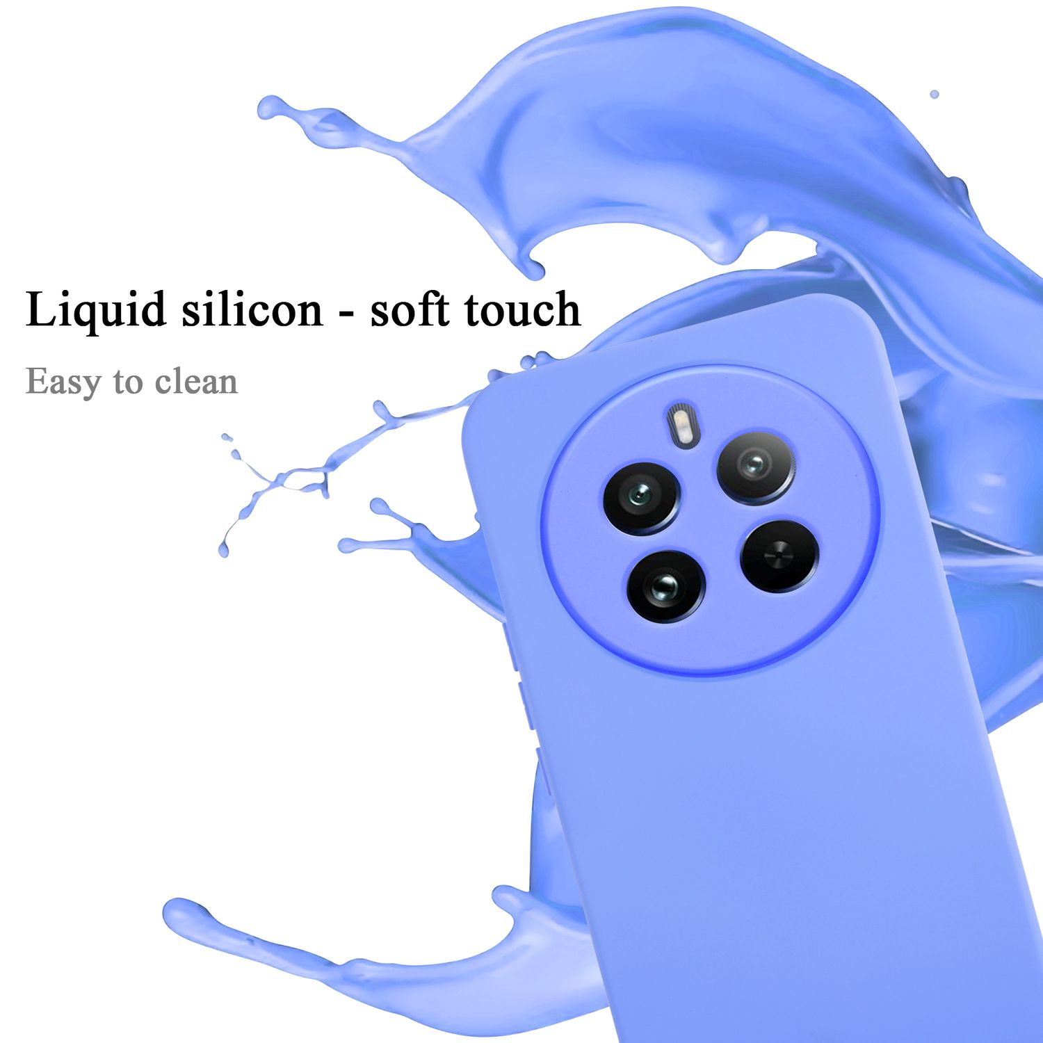 Eine lila Handyhülle mit einem blauen Flüssigkeitsspritzer.
