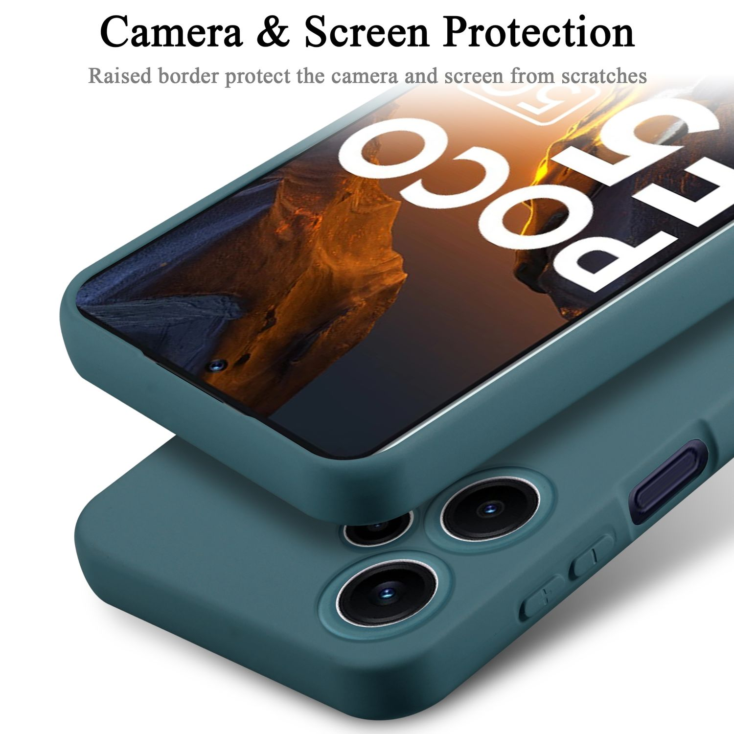 Due custodie per telefoni, impilate, nere, con ritagli per la fotocamera e uno schermo del telefono visibile.