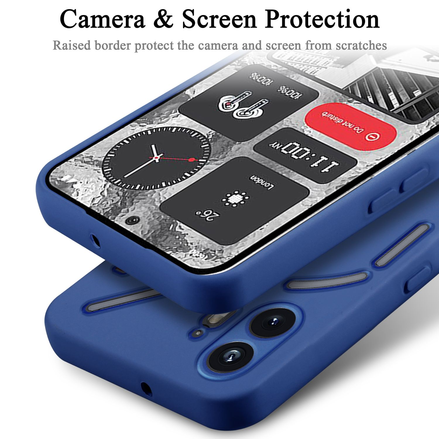 Custodia per telefono, blu, con telefono e protezione schermo.