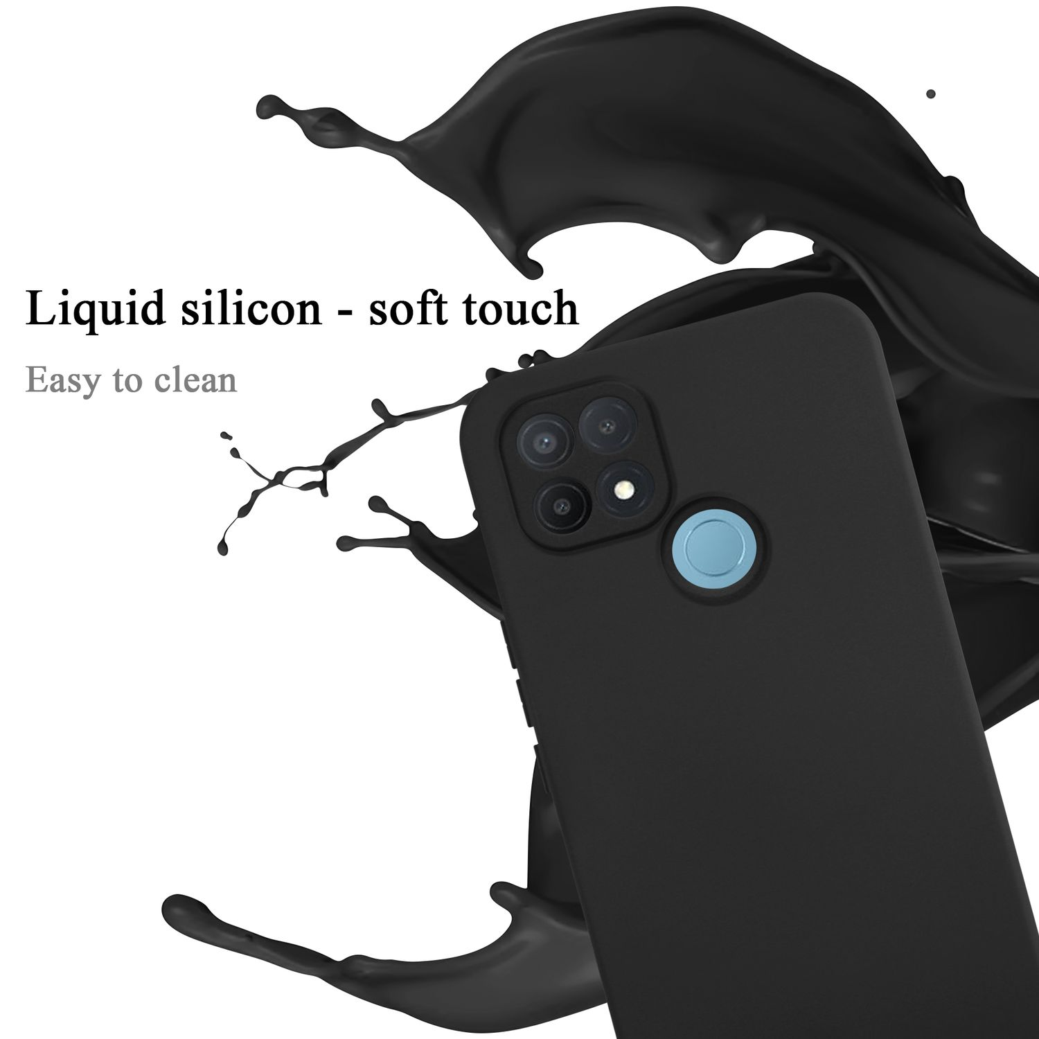 Schwarze Handyhülle mit schwarzem Flüssigkeitsspritzer.