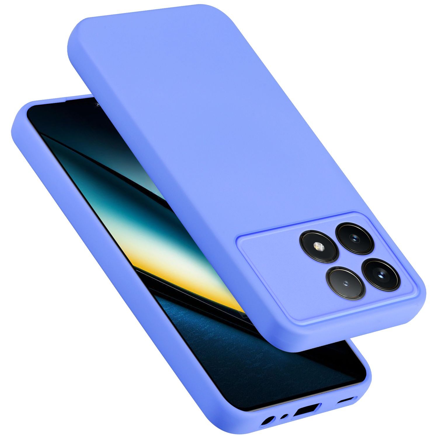 Zwei Telefone, eines in einer blauen Hülle. Das obere Telefon ist in der Hülle und zeigt die Kamera.