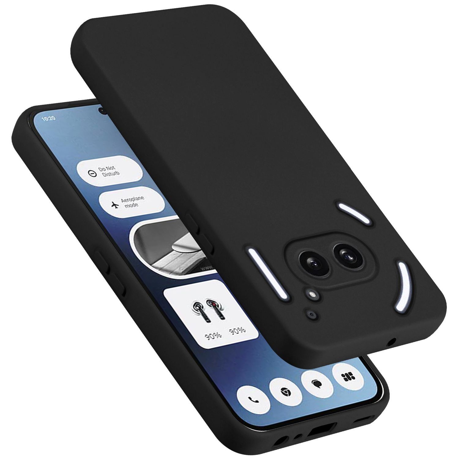 Schwarze Handyhülle, die ein Telefon mit Symbolen zeigt. Klare Kamera.