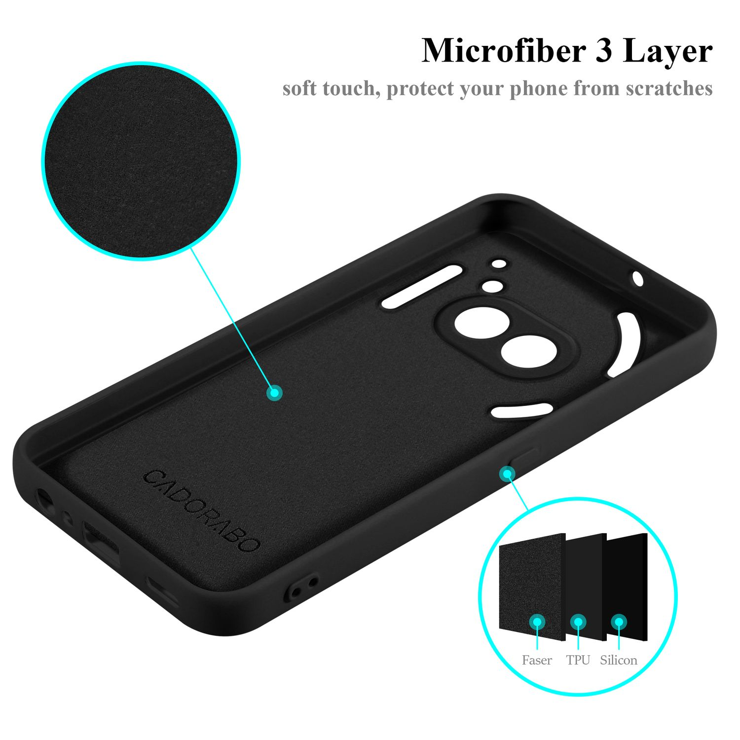 Schwarze Handyhülle mit detailliertem Diagramm, das die 3 Materialschichten zeigt.