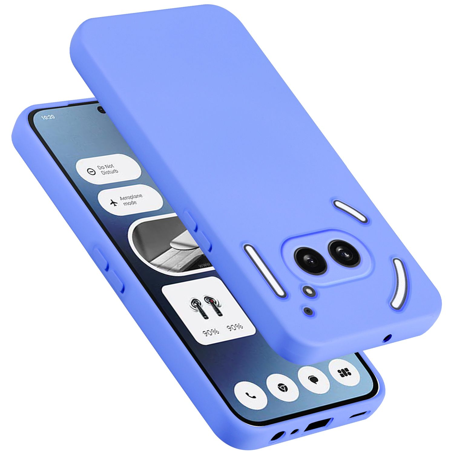 Blaue Handyhülle und ein Handy mit Bildschirm auf weißem Hintergrund.