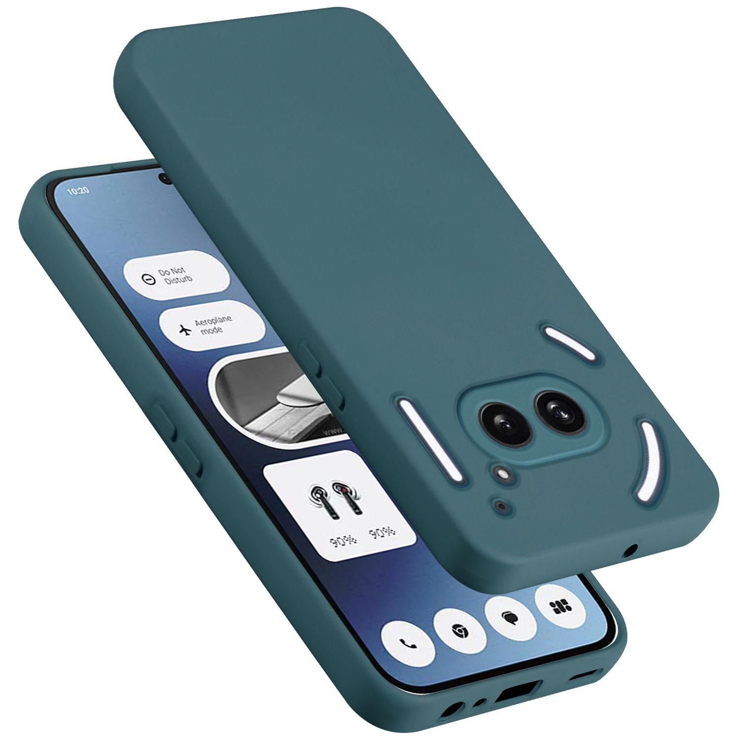 Türkisfarbenes Telefon mit türkisfarbenem Gehäuse, das den Telefonbildschirm zeigt. Überlagerung des Gehäuses.