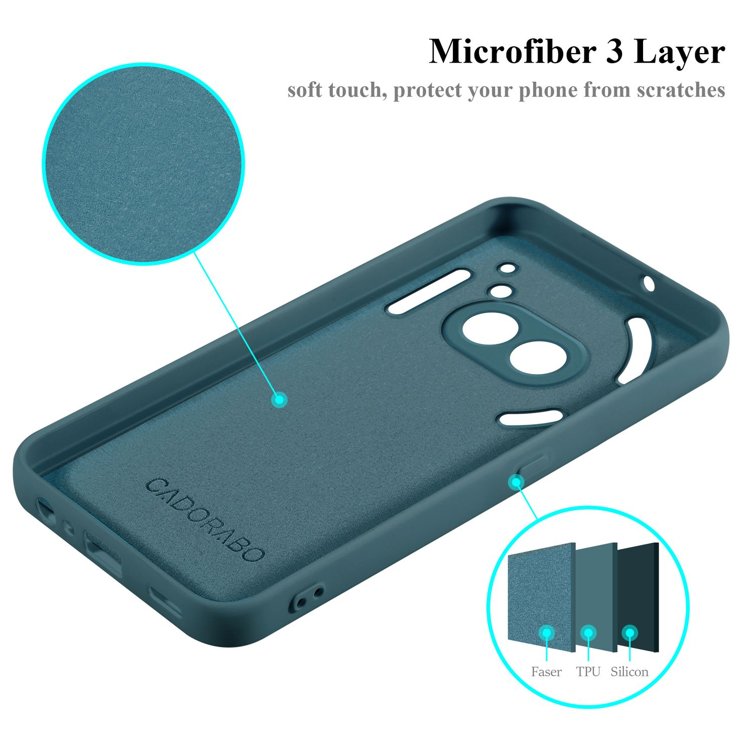 Türkisfarbene Handyhülle mit dem Wort CADORABO. Nahaufnahme zeigt drei Schichten: Faser, TPU und Silicon.