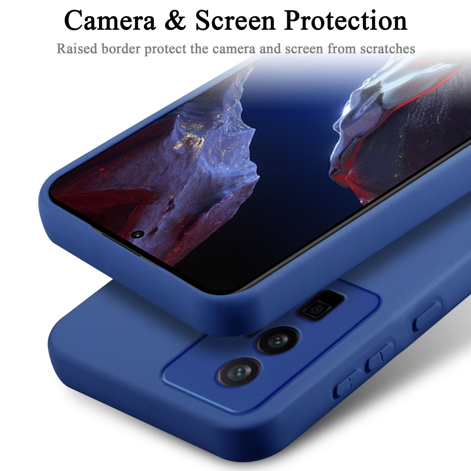 Primo piano di una custodia per telefono con due fotocamere e un bordo protettivo blu.