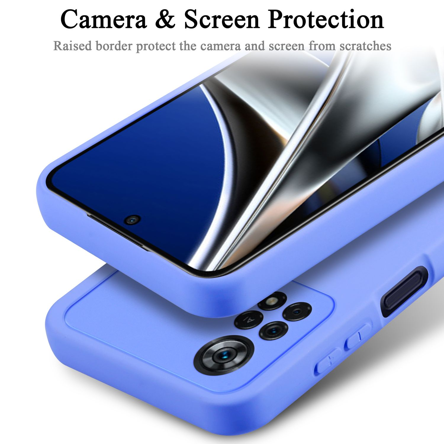 Custodia blu per telefono con protezione fotocamera rialzata. Testo: 'Protezione fotocamera e schermo'.