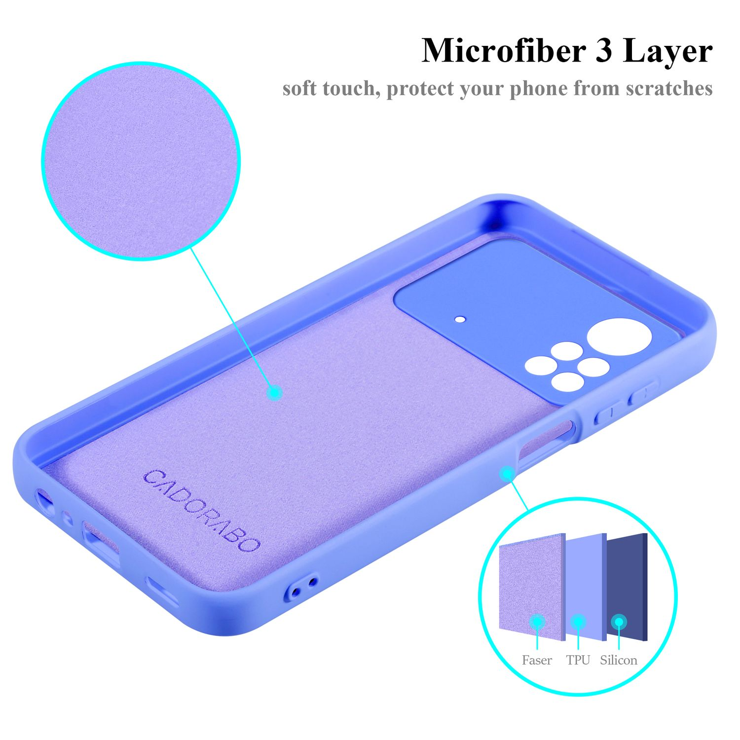 Custodia per telefono viola con il marchio 'CADORABO'. Protegge il telefono con una microfibra a 3 strati.