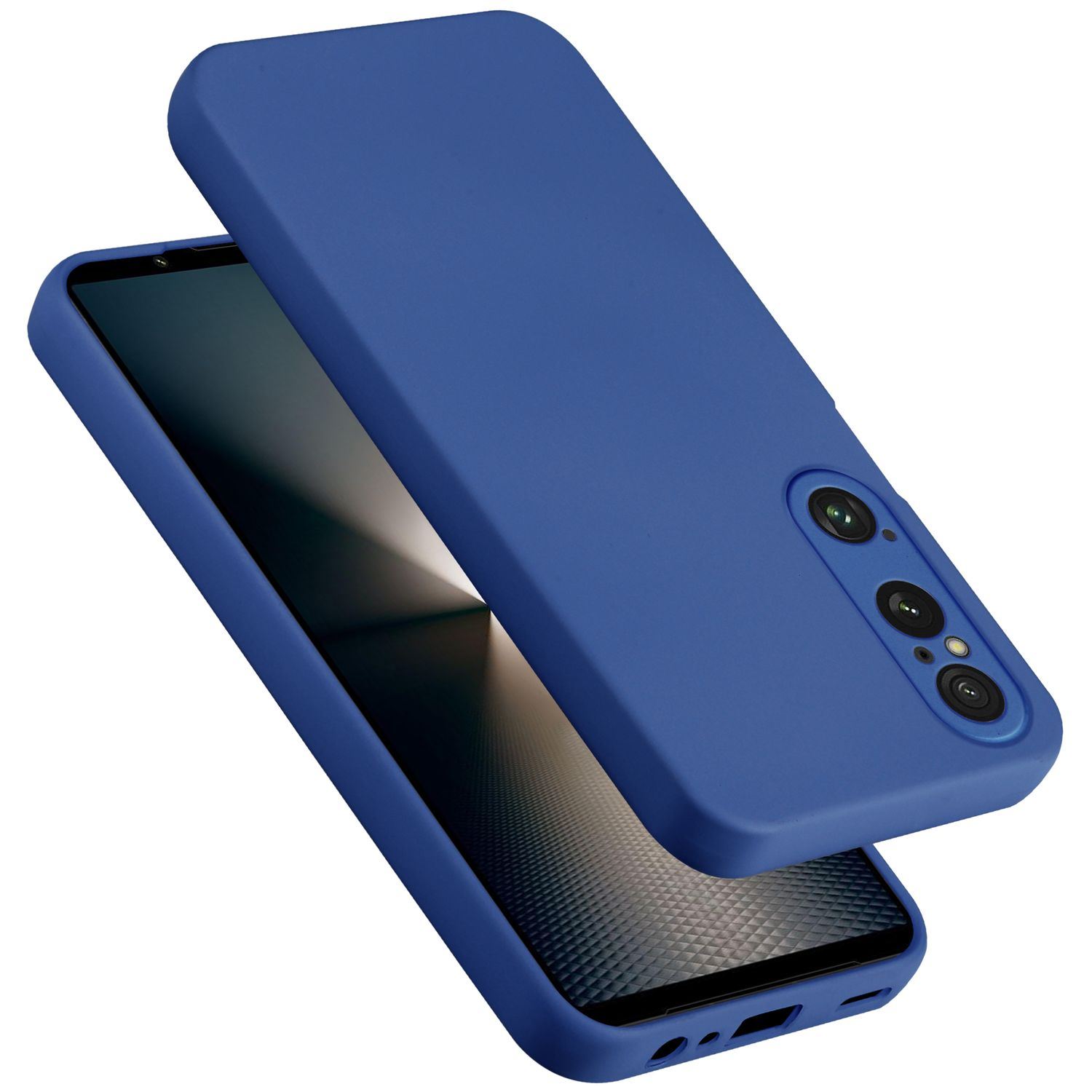 Telefono blu con custodia nera, angolato, con lenti della fotocamera visibili.